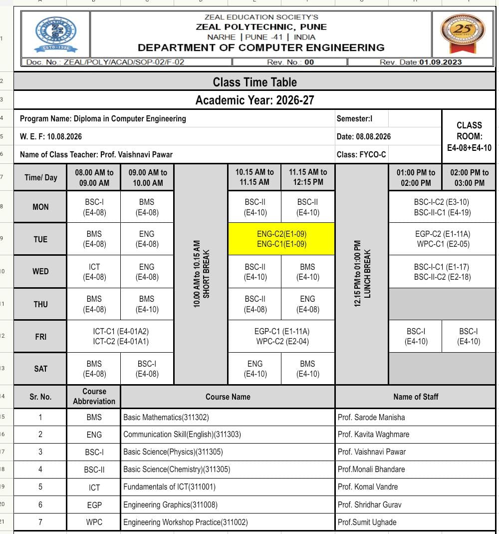 FYCO-C Class Timetable 2026-27